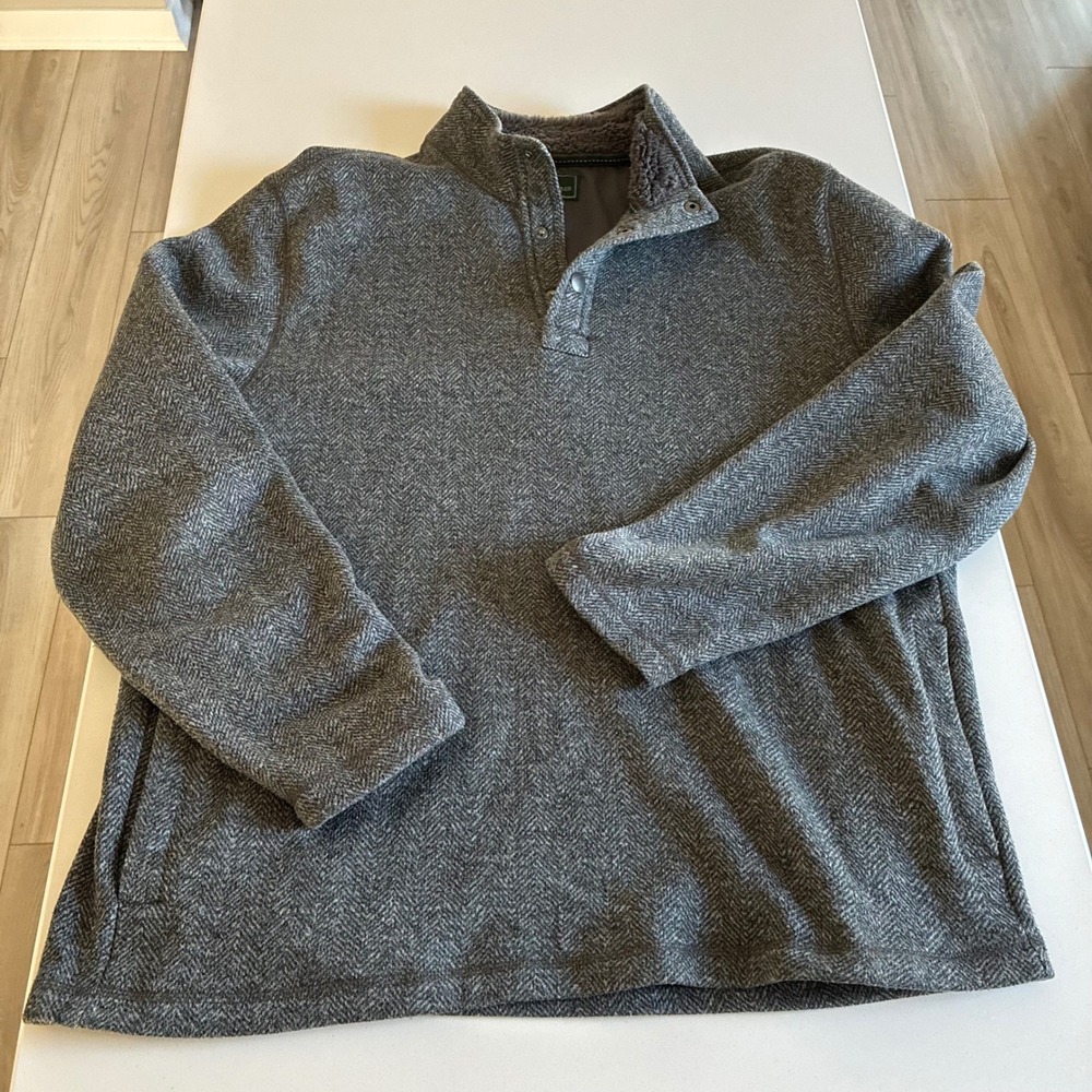 GH Bass Mens XXL Gray Herringbone Sherpa Lined Mock Neck Quarter Snap Pullover